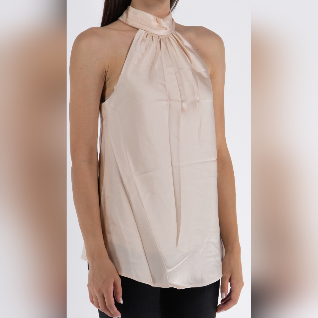 Jonathan Simkhai Size Medium Pink Pleated Halterneck Sleeveless Satin Blouse Nwt